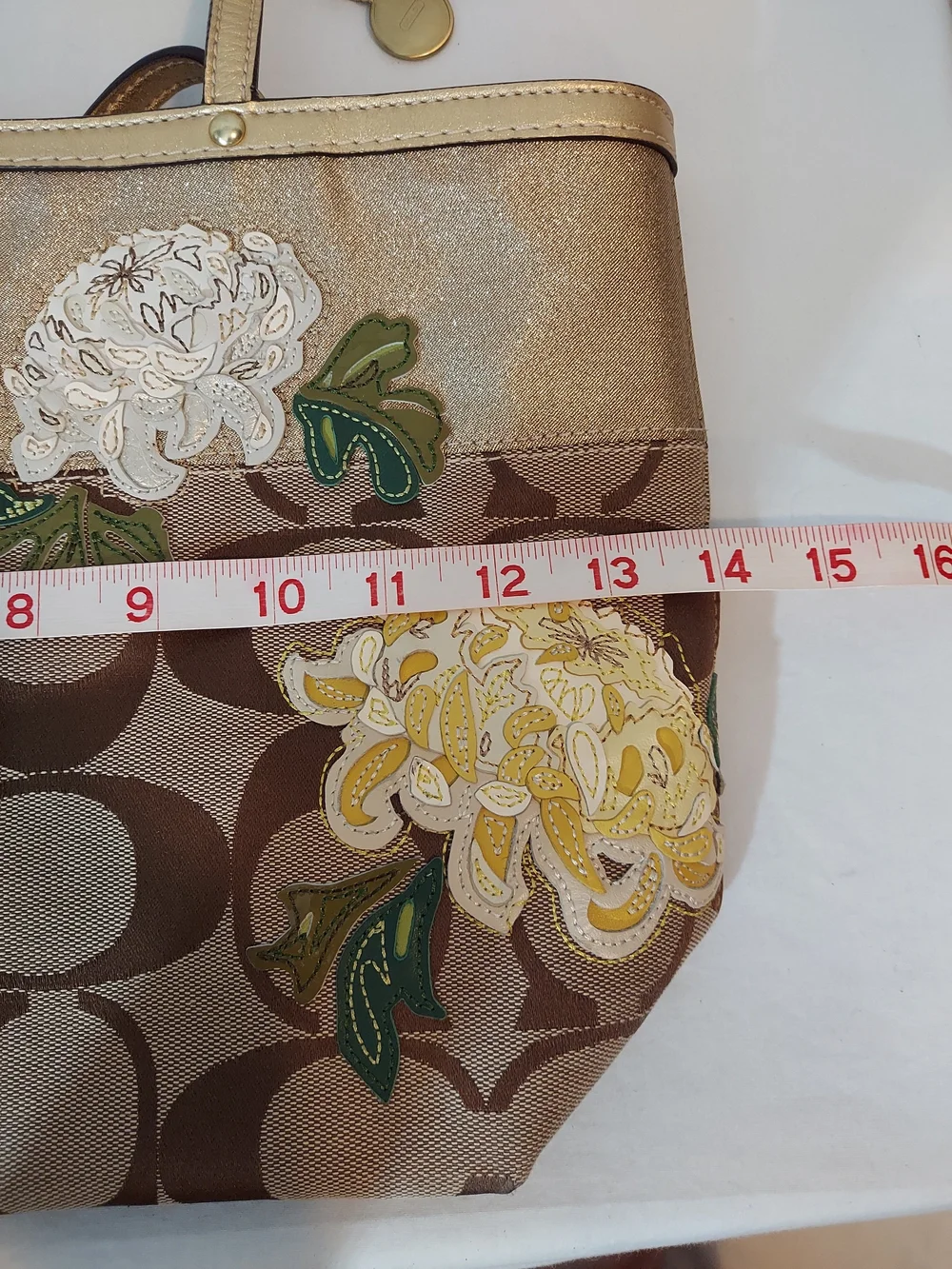 Coach Signature Stripe Floral Chrysanthemum Tote Gold Khaki Jacquard 12204